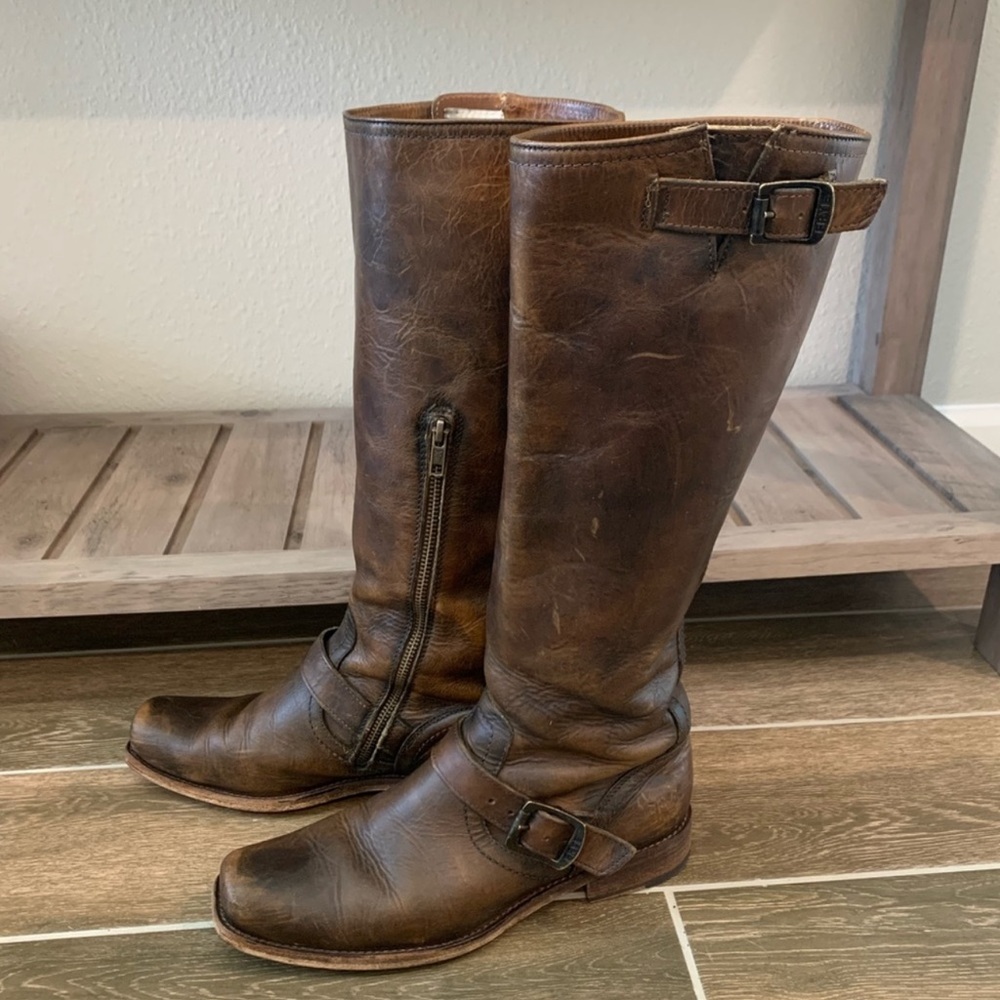Frye Rising Boots Leather buckles brown size 9.5   Women’s ladies 9 1/2
